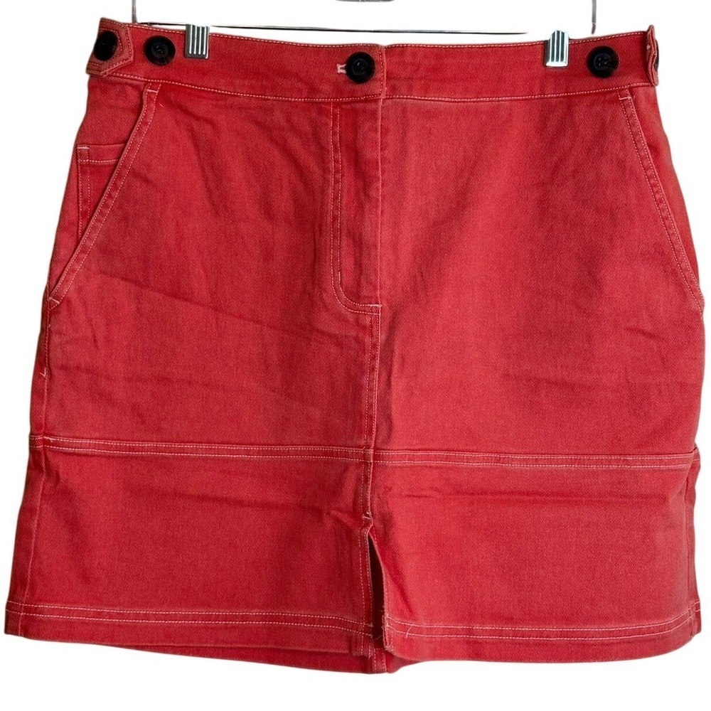 Wildfang Essential Denim Work Skirt Coral Contrast Stitch Utility Mini Large NWT